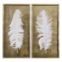 Gold White Natural Feather Wall Art Set 2 | Contemporary Pair Modern Bird 707430490769  132409304029